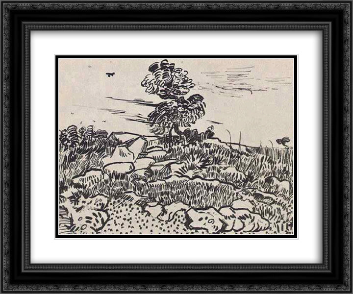 Rocks with Oak Tree 24x20 Black Ornate Wood Framed Art Print Poster with Double Matting by Van Gogh, Vincent