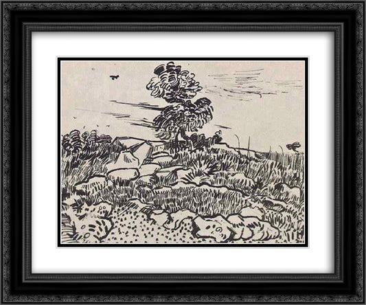 Rocks with Oak Tree 24x20 Black Ornate Wood Framed Art Print Poster with Double Matting by Van Gogh, Vincent