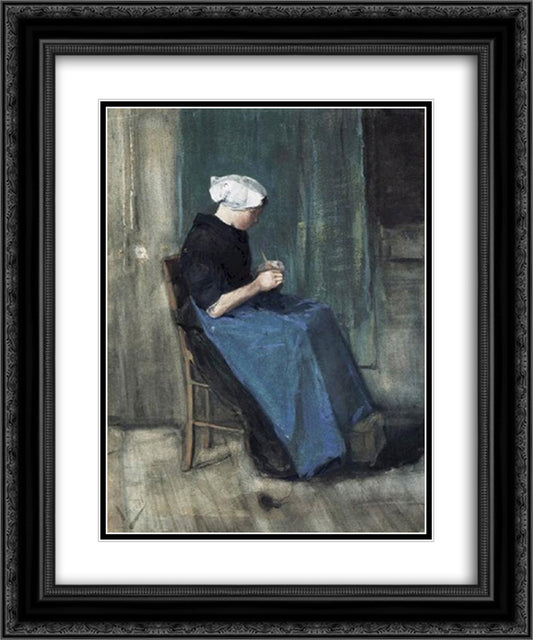 Scheveningen Woman Knitting 20x24 Black Ornate Wood Framed Art Print Poster with Double Matting by Van Gogh, Vincent