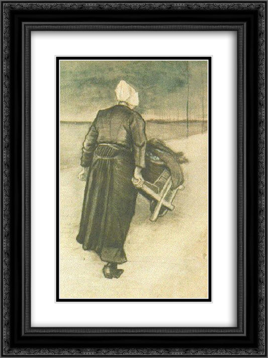 Scheveningen Woman with Wheeelbarrow 18x24 Black Ornate Wood Framed Art Print Poster with Double Matting by Van Gogh, Vincent