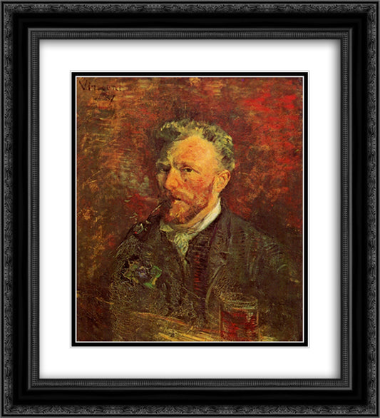 Self-Portrait with Pipe and Glass 20x22 Black Ornate Wood Framed Art Print Poster with Double Matting by Van Gogh, Vincent