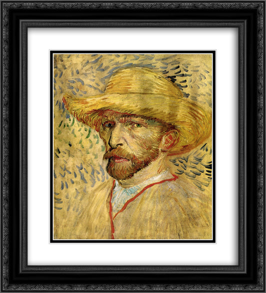 Self-Portrait with Straw Hat 20x22 Black Ornate Wood Framed Art Print Poster with Double Matting by Van Gogh, Vincent