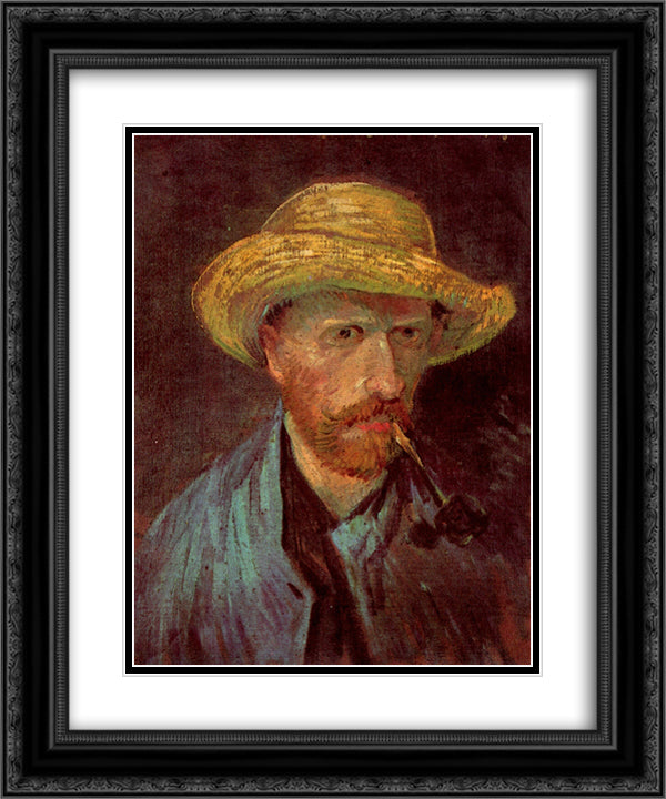 Self-Portrait with Straw Hat and Pipe 20x24 Black Ornate Wood Framed Art Print Poster with Double Matting by Van Gogh, Vincent