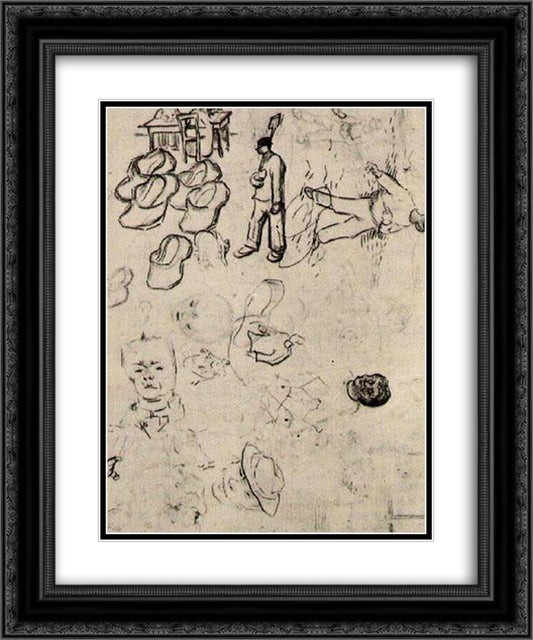 Sheet with Figures at a Table, a Sower, Clogs, etc 20x24 Black Ornate Wood Framed Art Print Poster with Double Matting by Van Gogh, Vincent