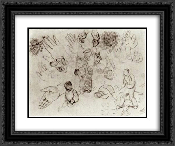 Sheet with Hands and Several Figures 24x20 Black Ornate Wood Framed Art Print Poster with Double Matting by Van Gogh, Vincent