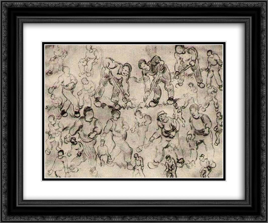 Sheet with Numerous Figure Sketches 24x20 Black Ornate Wood Framed Art Print Poster with Double Matting by Van Gogh, Vincent