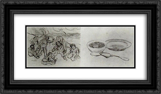 Sheet with Sketches of Figures 24x14 Black Ornate Wood Framed Art Print Poster with Double Matting by Van Gogh, Vincent