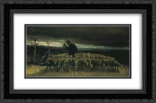 Shepherd with a Flock of Sheep 24x16 Black Ornate Wood Framed Art Print Poster with Double Matting by Van Gogh, Vincent