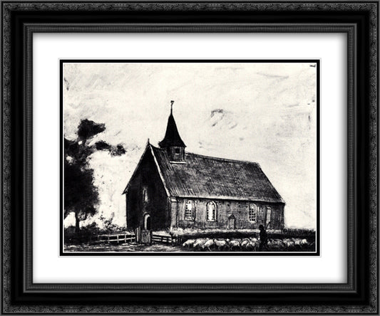 Shepherd with Flock near a Little Church at Zweeloo 24x20 Black Ornate Wood Framed Art Print Poster with Double Matting by Van Gogh, Vincent