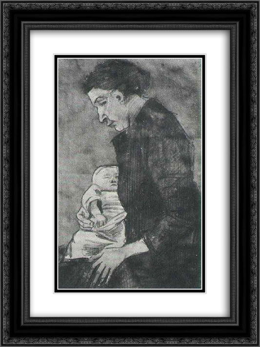 Sien Nursing Baby, Half-Figure 18x24 Black Ornate Wood Framed Art Print Poster with Double Matting by Van Gogh, Vincent