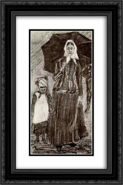 Sien under Umbrella with Girl 16x24 Black Ornate Wood Framed Art Print Poster with Double Matting by Van Gogh, Vincent