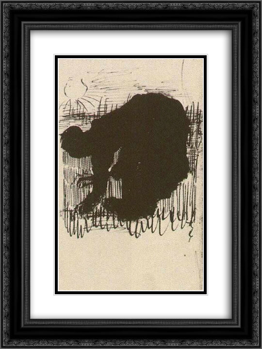 Silhouette of a Peasant Woman Digging Carrots 18x24 Black Ornate Wood Framed Art Print Poster with Double Matting by Van Gogh, Vincent