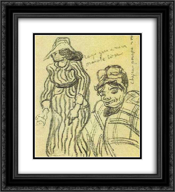 Sketch of a Lady with Striped Dress and Hat and of Another Lady, Half-Figure 20x22 Black Ornate Wood Framed Art Print Poster with Double Matting by Van Gogh, Vincent
