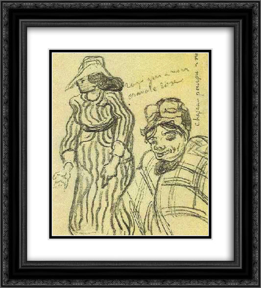 Sketch of a Lady with Striped Dress and Hat and of Another Lady, Half-Figure 20x22 Black Ornate Wood Framed Art Print Poster with Double Matting by Van Gogh, Vincent