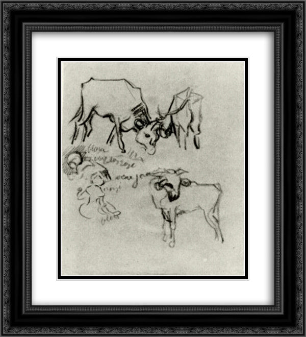 Sketch of Cows and Children 20x22 Black Ornate Wood Framed Art Print Poster with Double Matting by Van Gogh, Vincent