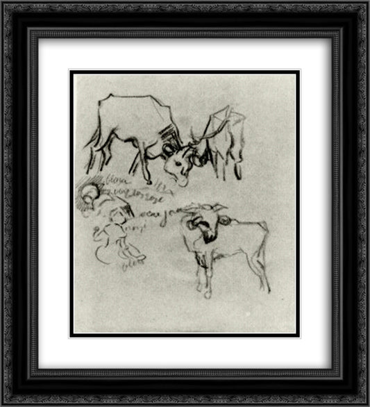 Sketch of Cows and Children 20x22 Black Ornate Wood Framed Art Print Poster with Double Matting by Van Gogh, Vincent