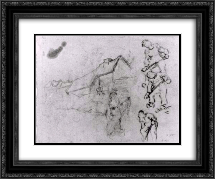 Sketches of a Cottage and Figures 24x20 Black Ornate Wood Framed Art Print Poster with Double Matting by Van Gogh, Vincent