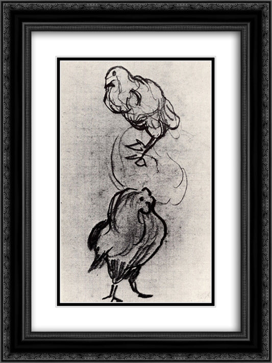 Sketches of a Hen and a Cock 18x24 Black Ornate Wood Framed Art Print Poster with Double Matting by Van Gogh, Vincent