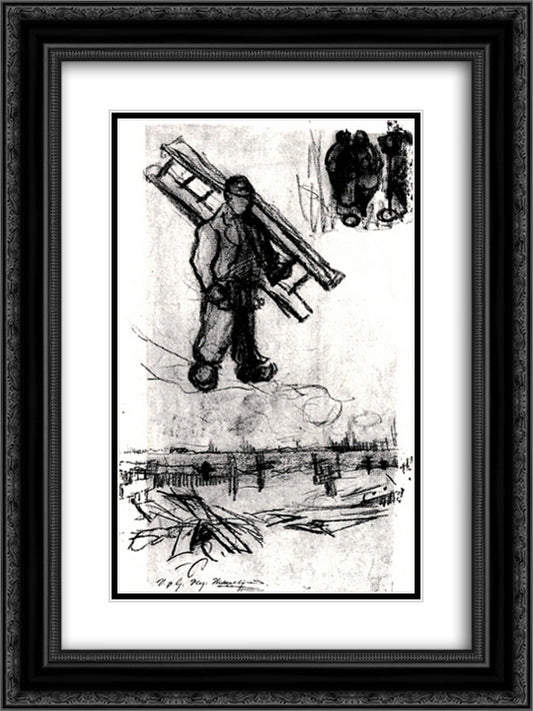 Sketches of a Man with a Ladder, Other Figures, and a Cemetery 18x24 Black Ornate Wood Framed Art Print Poster with Double Matting by Van Gogh, Vincent