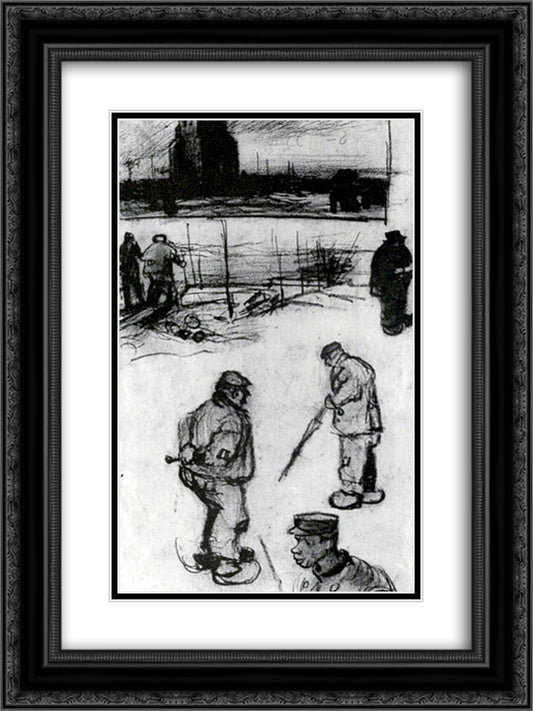 Sketches of the Old Tower and Figures 18x24 Black Ornate Wood Framed Art Print Poster with Double Matting by Van Gogh, Vincent