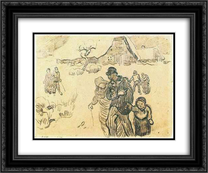 Snow-Covered Cottages, a Couple with a Child, and Other Walkers 24x20 Black Ornate Wood Framed Art Print Poster with Double Matting by Van Gogh, Vincent