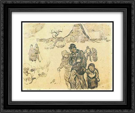Snow-Covered Cottages, a Couple with a Child, and Other Walkers 24x20 Black Ornate Wood Framed Art Print Poster with Double Matting by Van Gogh, Vincent
