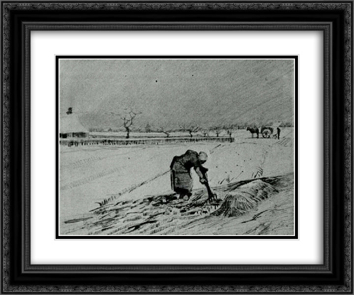 Snowy Landscape with Stooping Woman 24x20 Black Ornate Wood Framed Art Print Poster with Double Matting by Van Gogh, Vincent