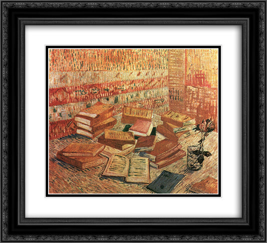 Still Life - French Novels and Rose 22x20 Black Ornate Wood Framed Art Print Poster with Double Matting by Van Gogh, Vincent