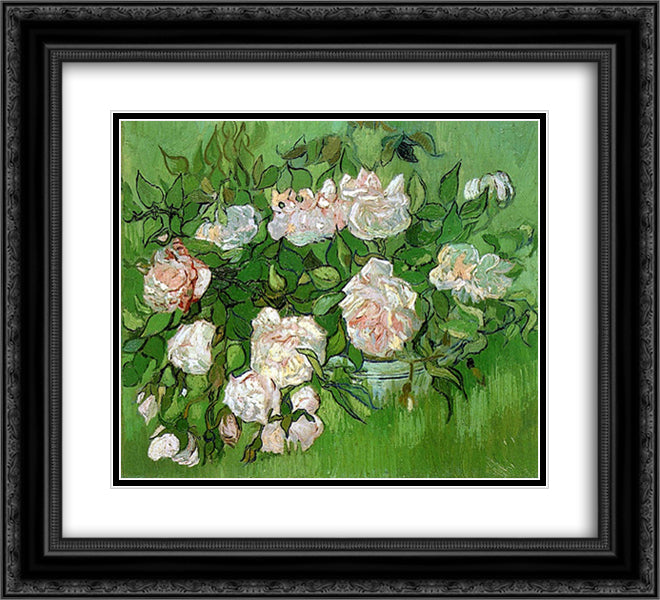 Still Life - Pink Roses 22x20 Black Ornate Wood Framed Art Print Poster with Double Matting by Van Gogh, Vincent