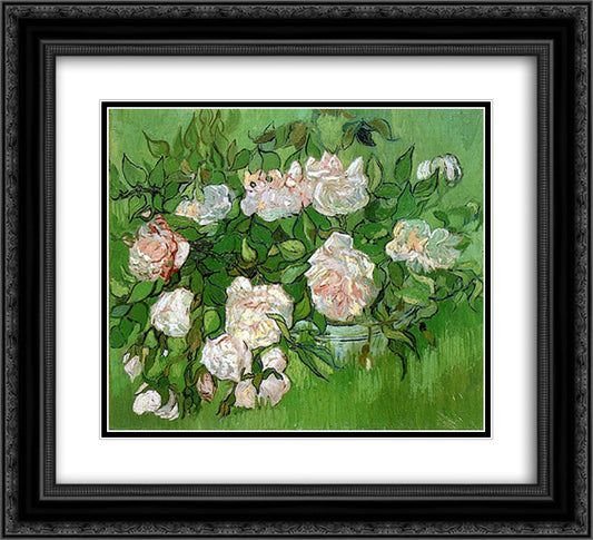 Still Life - Pink Roses 22x20 Black Ornate Wood Framed Art Print Poster with Double Matting by Van Gogh, Vincent