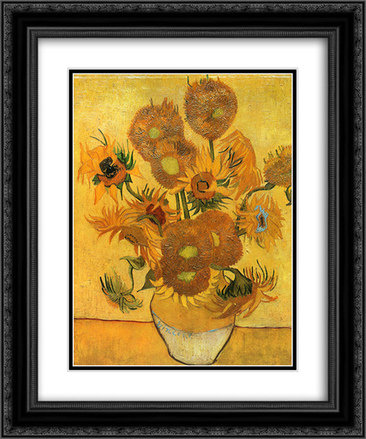 Still Life - Vase with Fifteen Sunflowers 20x24 Black Ornate Wood Framed Art Print Poster with Double Matting by Van Gogh, Vincent