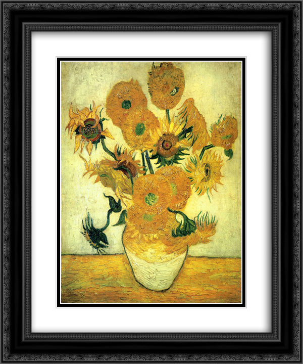 Still Life - Vase with Fourteen Sunflowers 20x24 Black Ornate Wood Framed Art Print Poster with Double Matting by Van Gogh, Vincent