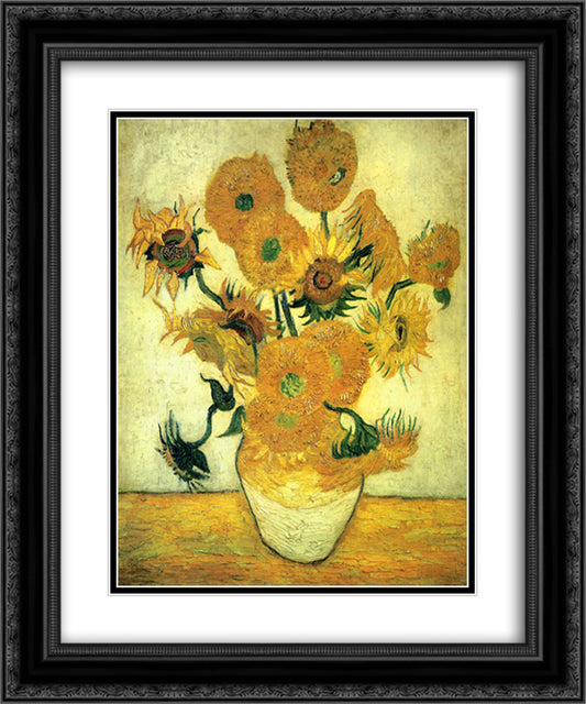 Still Life - Vase with Fourteen Sunflowers 20x24 Black Ornate Wood Framed Art Print Poster with Double Matting by Van Gogh, Vincent