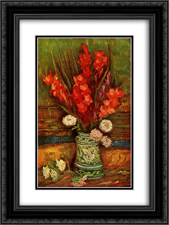 Still LIfe - Vase with Red Gladiolas 18x24 Black Ornate Wood Framed Art Print Poster with Double Matting by Van Gogh, Vincent