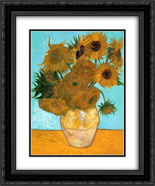 Still Life - Vase with Twelve Sunflowers 20x24 Black Ornate Wood Framed Art Print Poster with Double Matting by Van Gogh, Vincent