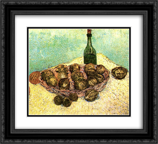 Still Life Bottle, Lemons and Oranges 22x20 Black Ornate Wood Framed Art Print Poster with Double Matting by Van Gogh, Vincent