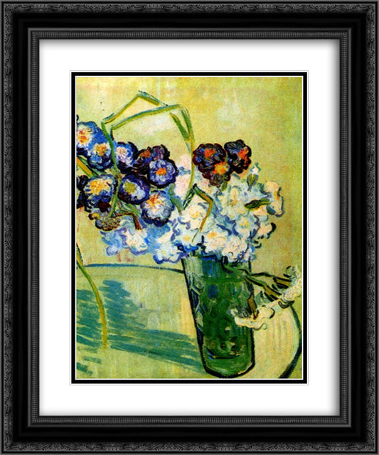 Still Life Glass with Carnations 20x24 Black Ornate Wood Framed Art Print Poster with Double Matting by Van Gogh, Vincent