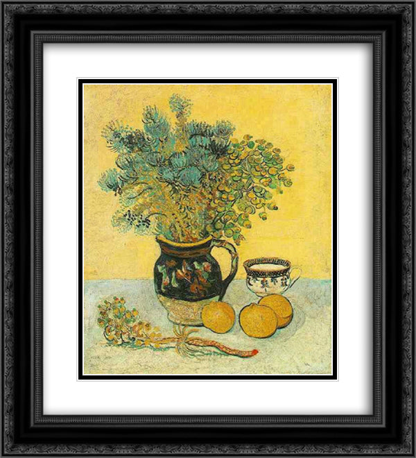 Still Life Majolica Jug with Wildflowers 20x22 Black Ornate Wood Framed Art Print Poster with Double Matting by Van Gogh, Vincent