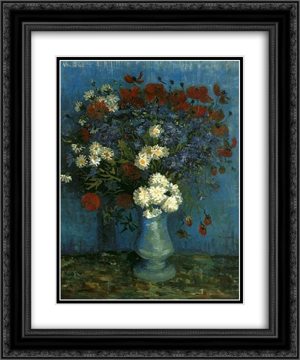 Still Life Vase with Cornflowers and Poppies 20x24 Black Ornate Wood Framed Art Print Poster with Double Matting by Van Gogh, Vincent