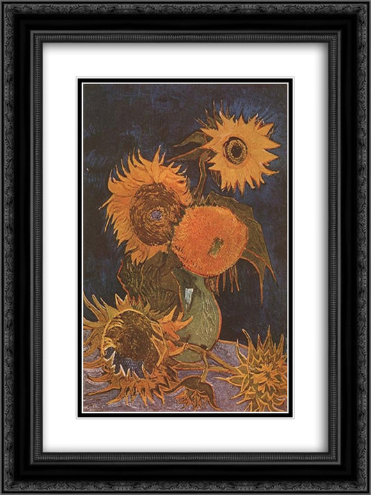 Still Life Vase with Five Sunflowers 18x24 Black Ornate Wood Framed Art Print Poster with Double Matting by Van Gogh, Vincent