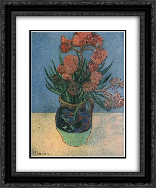 Still Life Vase with Oleanders 20x24 Black Ornate Wood Framed Art Print Poster with Double Matting by Van Gogh, Vincent