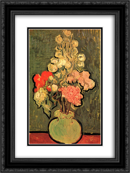 Still Life Vase with Rose-Mallows 18x24 Black Ornate Wood Framed Art Print Poster with Double Matting by Van Gogh, Vincent