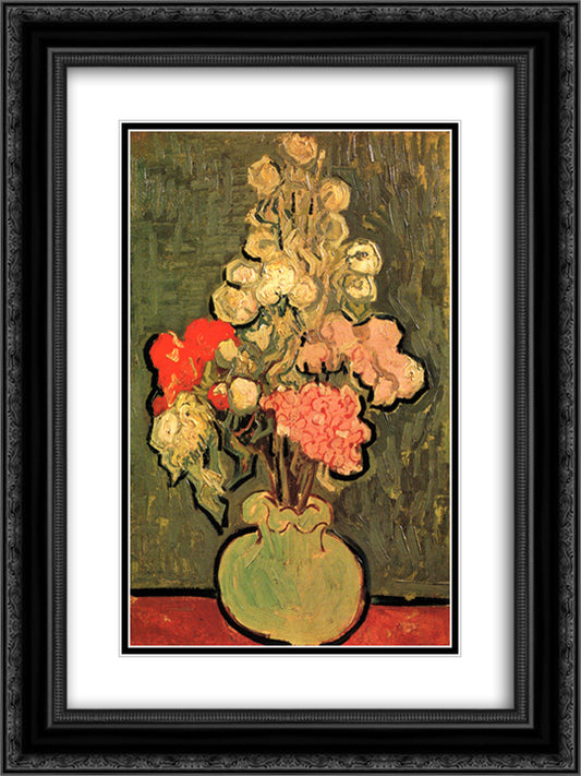 Still Life Vase with Rose-Mallows 18x24 Black Ornate Wood Framed Art Print Poster with Double Matting by Van Gogh, Vincent