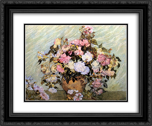Still Life Vase with Roses 24x20 Black Ornate Wood Framed Art Print Poster with Double Matting by Van Gogh, Vincent
