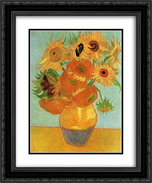 Still Life Vase with Twelve Sunflowers 20x24 Black Ornate Wood Framed Art Print Poster with Double Matting by Van Gogh, Vincent