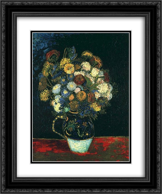 Still Life Vase with Zinnias 20x24 Black Ornate Wood Framed Art Print Poster with Double Matting by Van Gogh, Vincent
