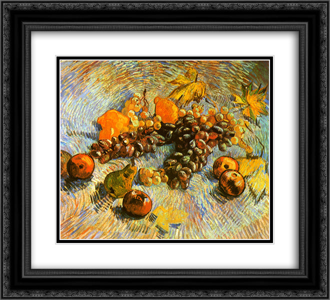 Still Life with Apples, Pears, Lemons and Grapes 22x20 Black Ornate Wood Framed Art Print Poster with Double Matting by Van Gogh, Vincent