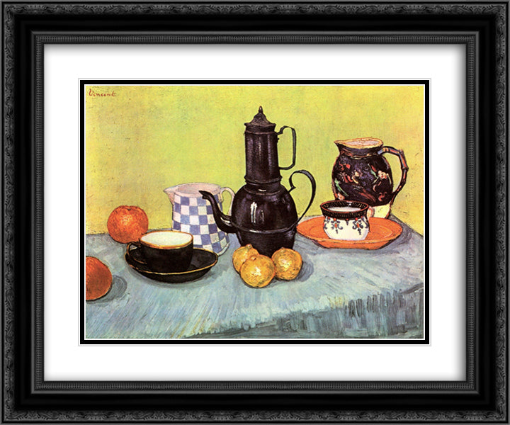 Still Life with Blue Enamel Coffeepot, Earthenware and Fruit 24x20 Black Ornate Wood Framed Art Print Poster with Double Matting by Van Gogh, Vincent