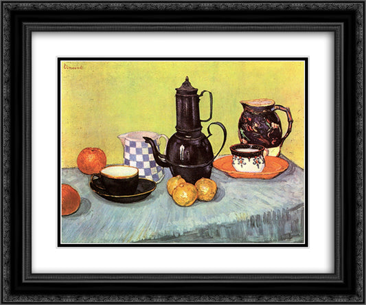 Still Life with Blue Enamel Coffeepot, Earthenware and Fruit 24x20 Black Ornate Wood Framed Art Print Poster with Double Matting by Van Gogh, Vincent