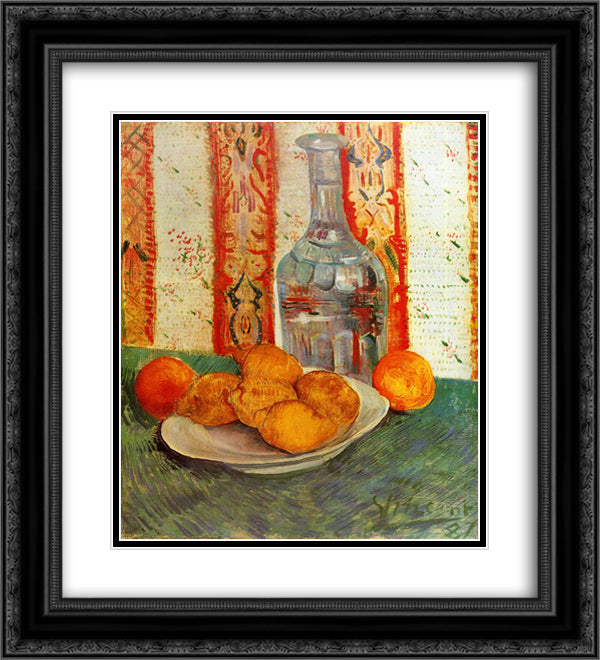 Still Life with Decanter and Lemons on a Plate 20x22 Black Ornate Wood Framed Art Print Poster with Double Matting by Van Gogh, Vincent